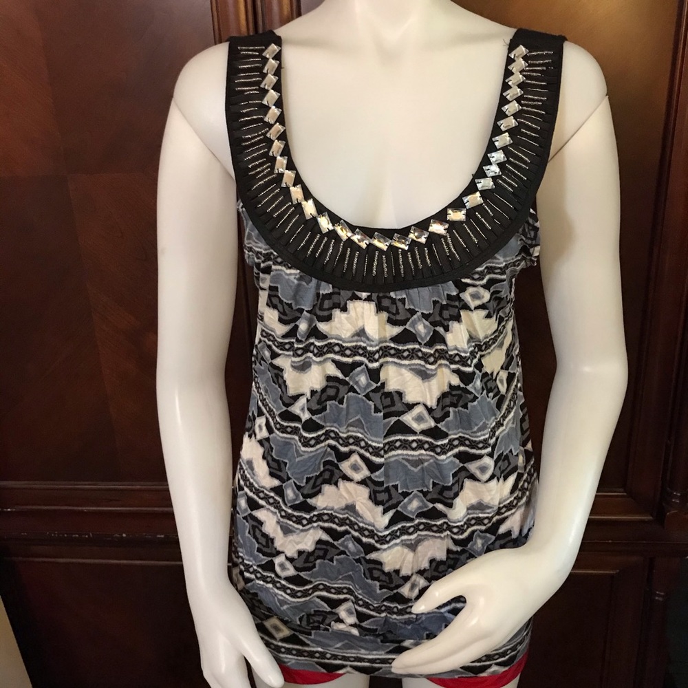 🆕 Finesse Blk/Wht/Gray Beaded Sleeveless Top-2X